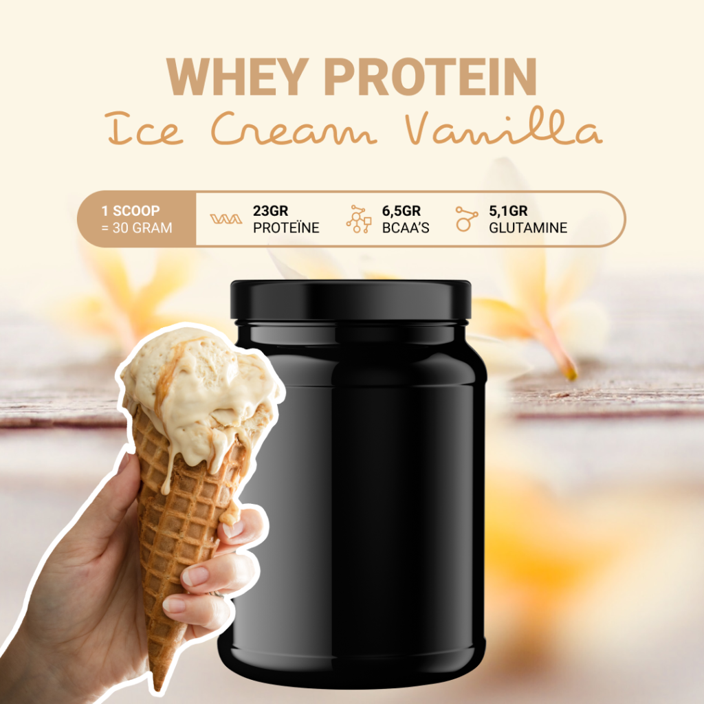 een pot whey protein met de smaak ice cream vanille en de specificaties van het product per scoop