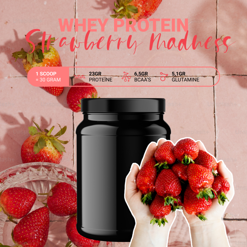 een pot whey protein met de smaak aardbei en de specificaties van het product per scoop