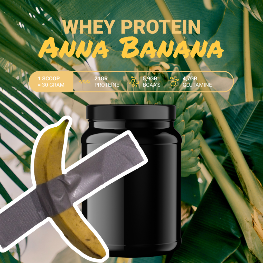 een pot whey protein met de smaak anna banana en de specificaties van het product per scoop