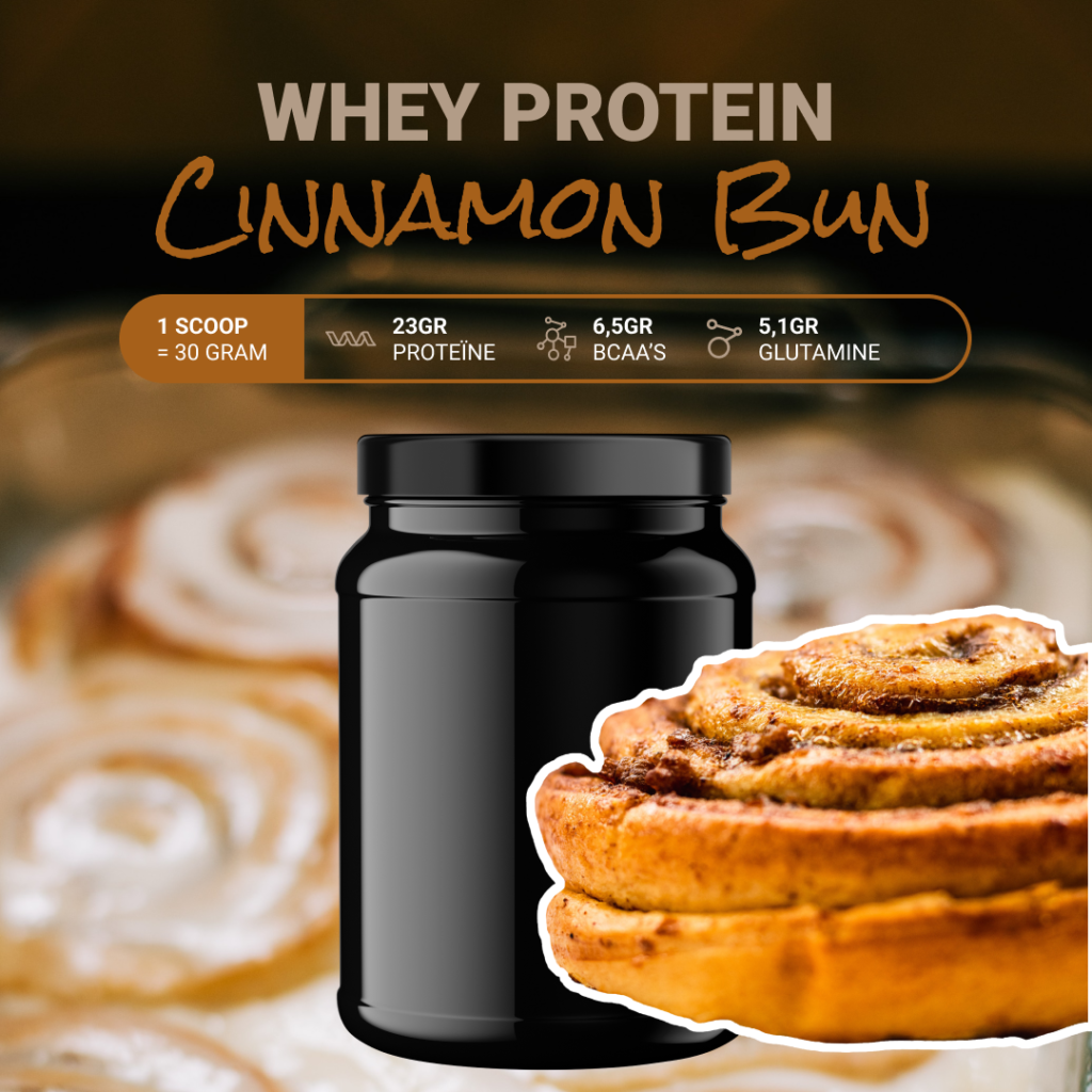 een pot whey protein met de smaak cinnamon bun en de specificaties van het product per scoop