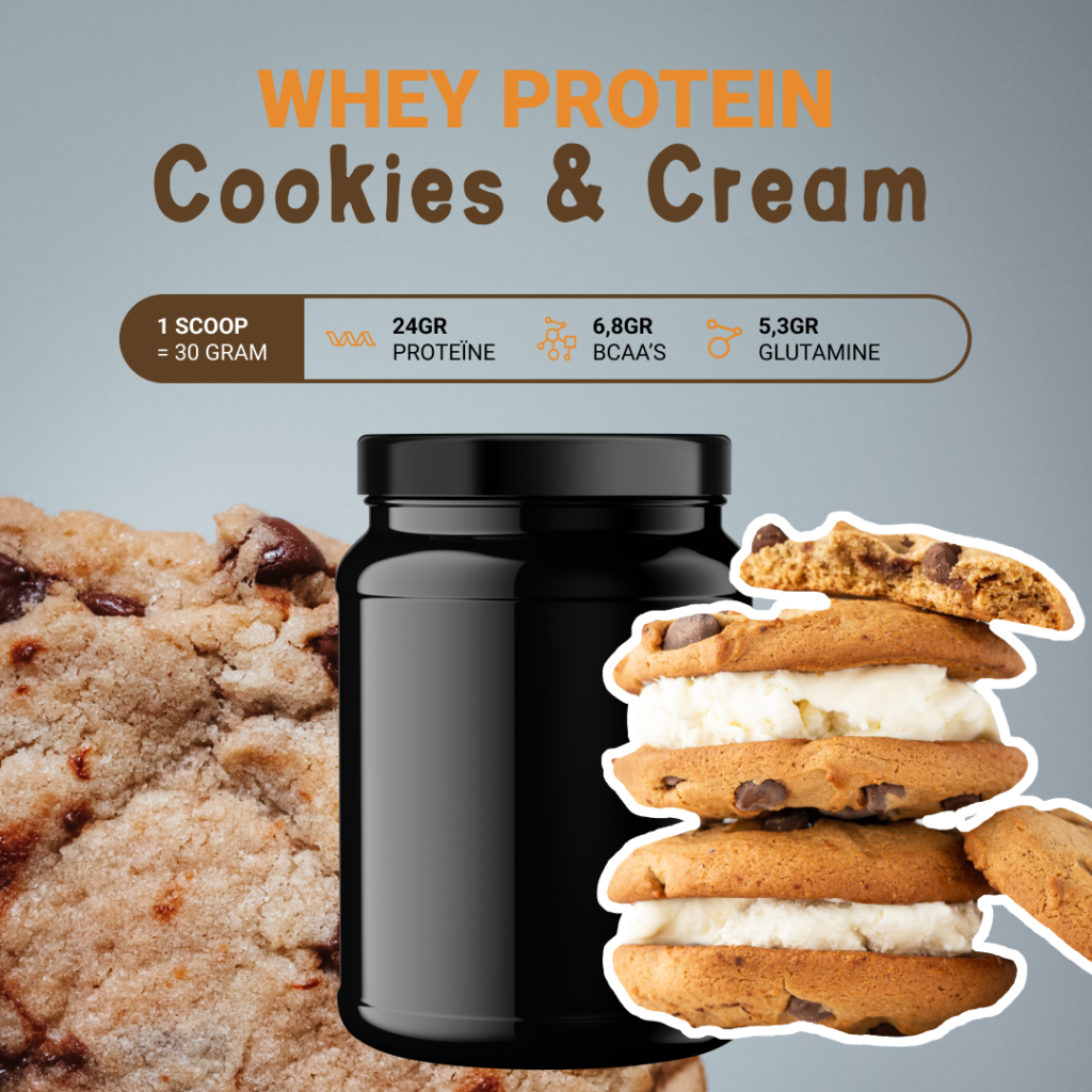 een pot whey protein met de smaak cookies & cream en de specificaties van het product per scoop